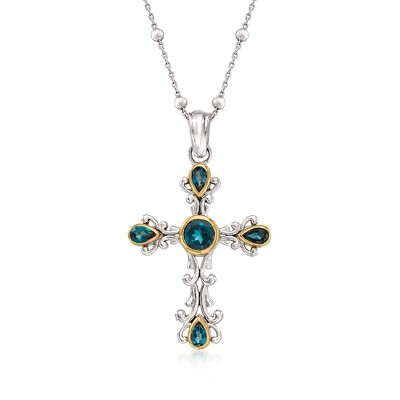 Ross-Simons 2.00 ct. t.w. London Blue Topaz Cross Pendant Necklace in Sterling Silver and 14kt Yellow Gold