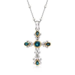 Ross-Simons 2.00 ct. t.w. London Blue Topaz Cross Pendant Necklace in Sterling Silver and 14kt Yellow Gold - 1 of 4