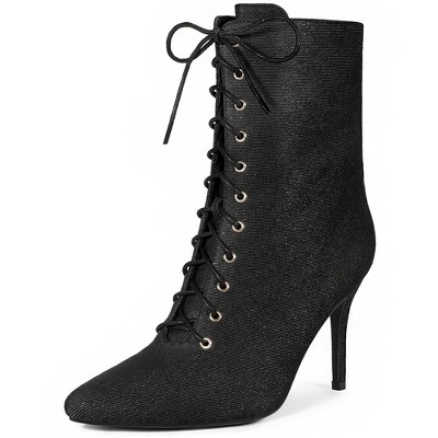Perphy Women's Pointy Toe Side Zip Lace Up Stiletto Heels Ankle Boots