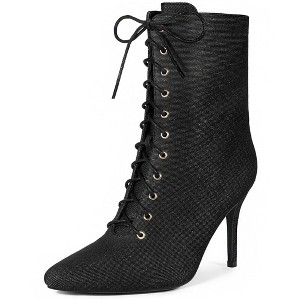 Perphy Women's Pointy Toe Side Zip Lace Up Stiletto Heels Ankle Boots - 1 of 3