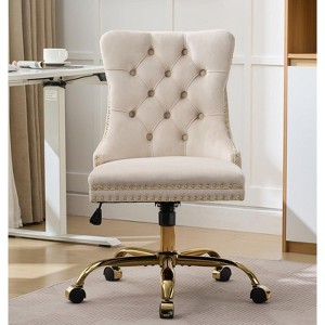 RISOKEYS Velvet Upholstered High Back Desk Chair,360° Swivel Adjustable Height Office Chair,with Golden Metal Base for Home Office,Study - 1 of 4