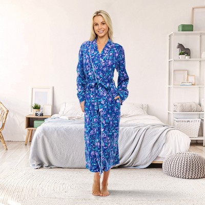 Purple Floral Cotton Knit Jersey Lounge Robe with Pockets