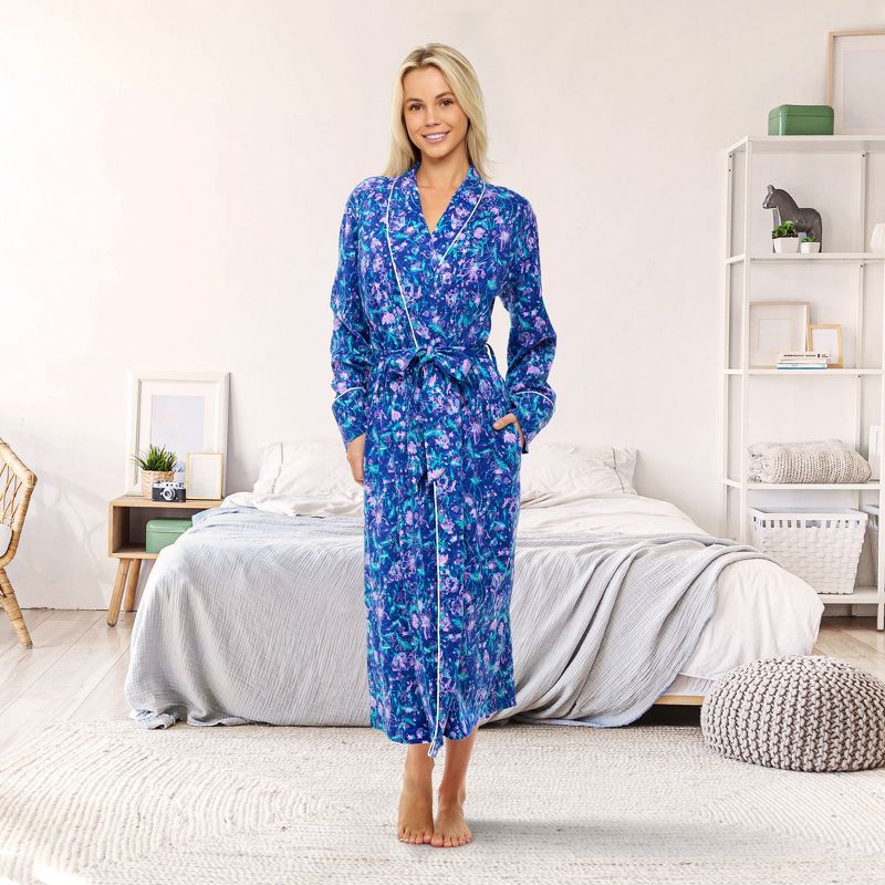 Womens Soft Cotton Knit Jersey Lounge Robe with Pockets, Long Bathrobe, 3 of 9