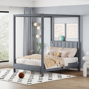 Full/Queen Size Canvas Fabric Canopy Platform Bed with USB and Type-C Ports - ModernLuxe - 1 of 4
