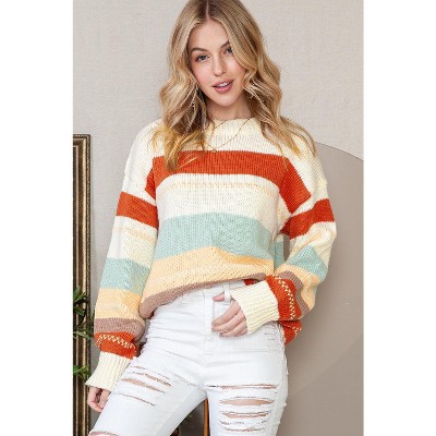 I AM A FASHION JUNKY White Striped Color Block Drop Shoulder Knit Sweater