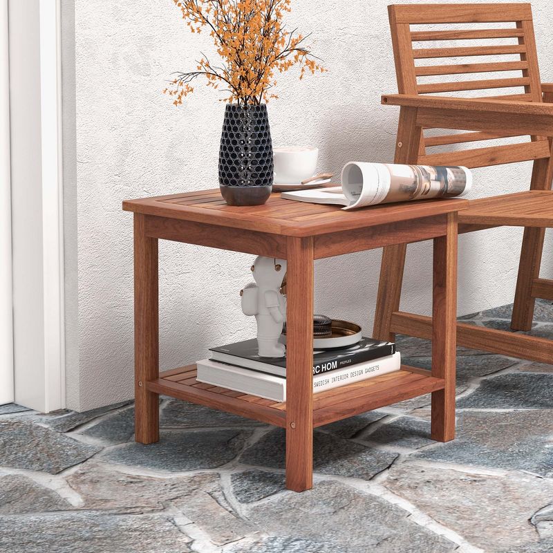 Costway Patio Acacia Wood Side Table 2-Tier Square End Table Porch Poolside Natural, 4 of 10