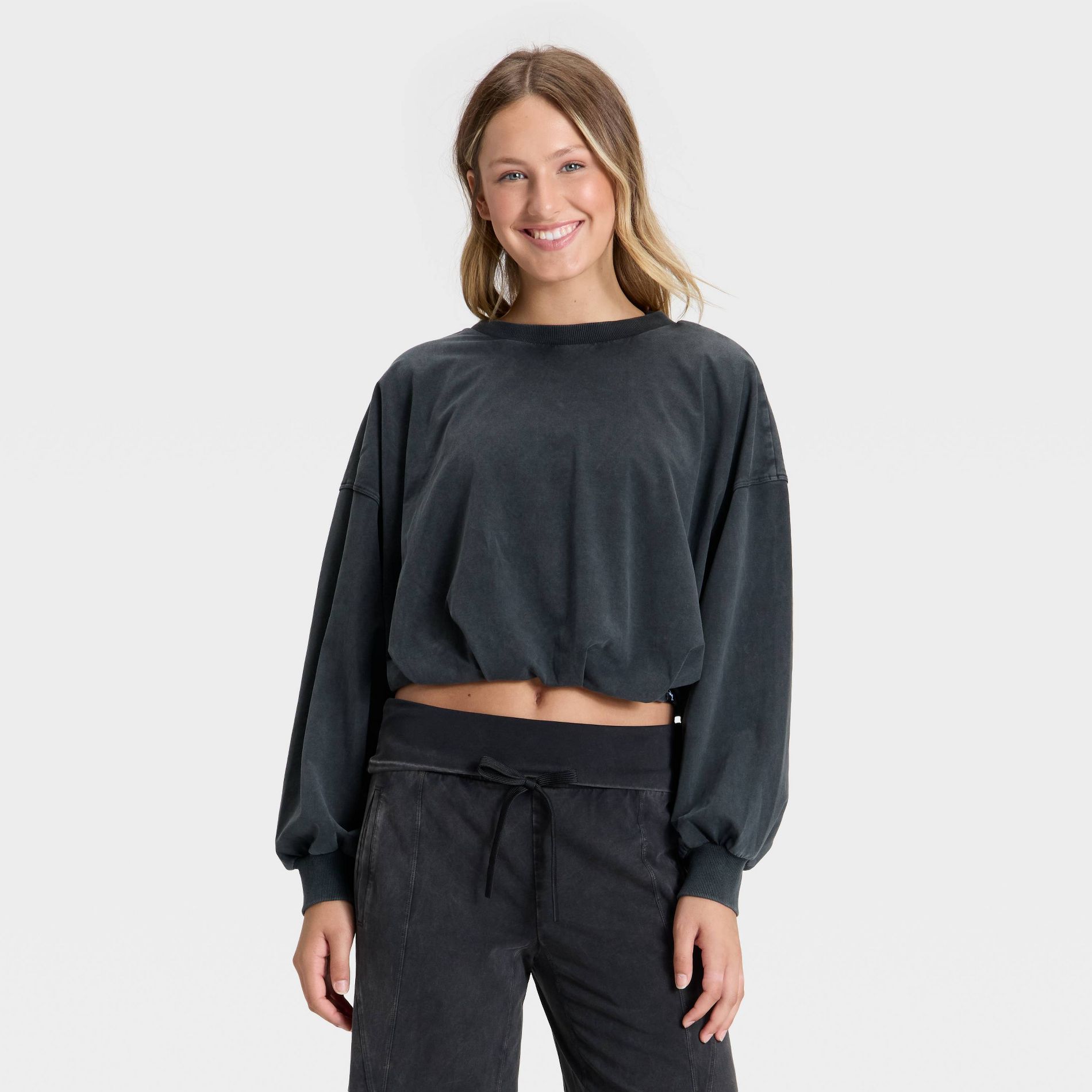 Women's Bubble Hem Long Sleeve Top - JoyLab™ Black M
