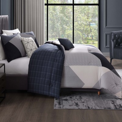Geo Fusion Navy and Gray Cotton King Comforter Set