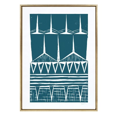 Kate and Laurel Sylvie Modern Block Print Teal Framed Canvas by Statement Goods, 28x38, Bright Gold