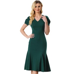 Allegra K Women's Vintage V Neckline Puff Short Sleeve Elegant Mermaid Midi Dress - 1 of 4