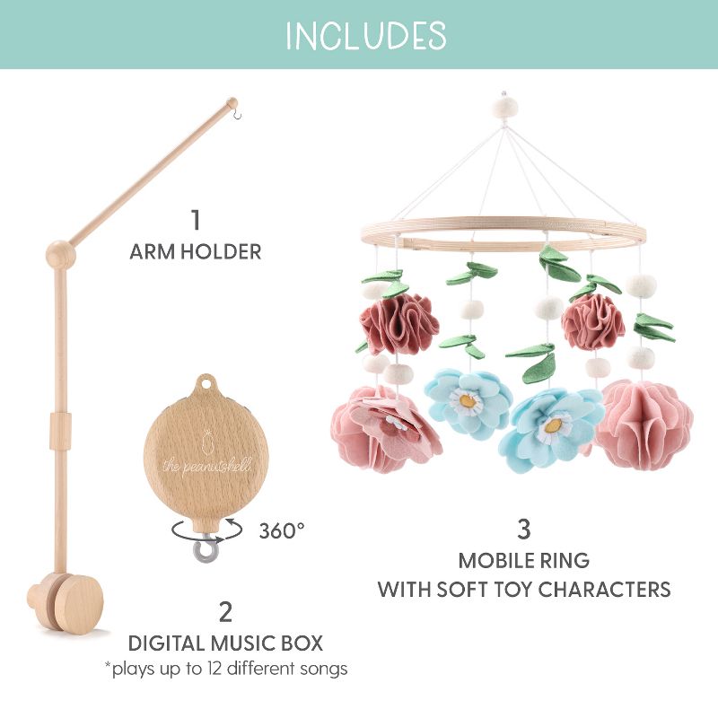 The Peanutshell Deluxe Wooden Crib Mobile Set with Arm, Music Box and Wildflower Baby Mobile, Pink, 2 of 8