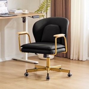 Furniliving Modern Leather Home Office Desk Chairs, Adjustable Swivel Vanity Chair with Golden Legs and Wooden Padded Armrest - 1 of 4
