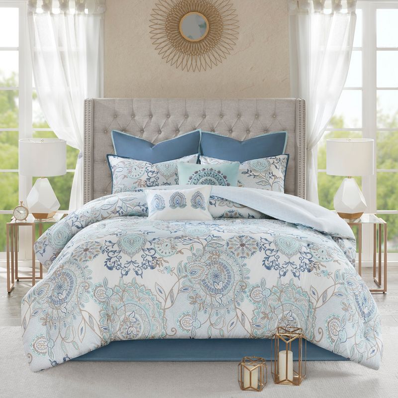 8pc Lian Cotton Printed Reversible Comforter Set Blue, 6 of 21