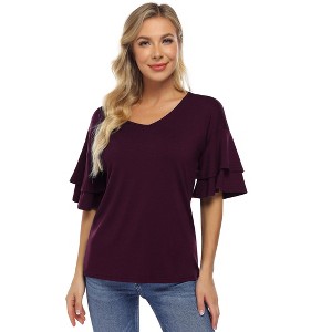 BLUEMING Womens Flutter Elbow Sleeve Shirts V Neck Tee Blouse Pagoda Sleeve T-Shirts Summer Tee Blouse Flowy Tops - 1 of 4