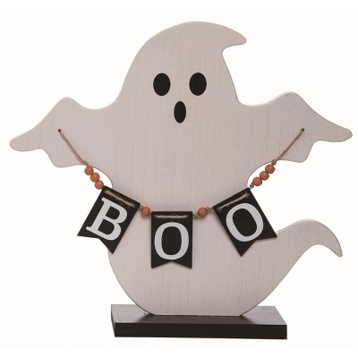 Transpac Wood White Halloween Ghost with Banner