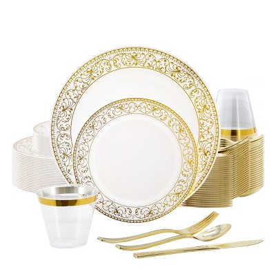 Elama 150 Piece Disposable Plastic Dinnerware Party Set for 25 Guests in White with Gold Decal Trim