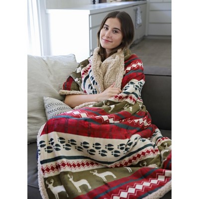 Reversible Reindeer Sherpa Fleece Twin Blanket, 60" x 80"