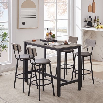 5 Piece Dining Table Set, Bar Table Set With 4 Upholstered Stools, Wooden Backrest, Ring-shaped Footrest