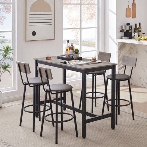 5 Piece Dining Table Set Bar Table Set With 4 Upholstered Stools Wooden Backrest Ring shaped Footrest