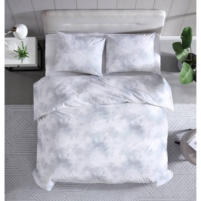 Gray and White Cotton Twin Duvet Cover Set