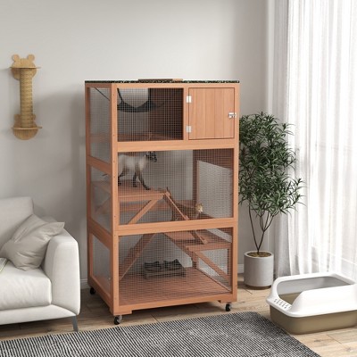 Large Orange Wooden Outdoor Cat House with Hammock and Ramps