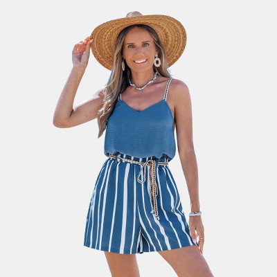 Women's Nautical Striped Spaghetti Strap Romper with Crochet Belt - Cupshe