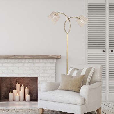 61" Gold Metal Candlestick Floor Lamp with White Rattan Bell Shades