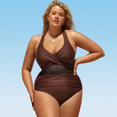 Women's Plus Size Mesh Cross Back One Piece Swimsuit -Cupshe-3X-Brown