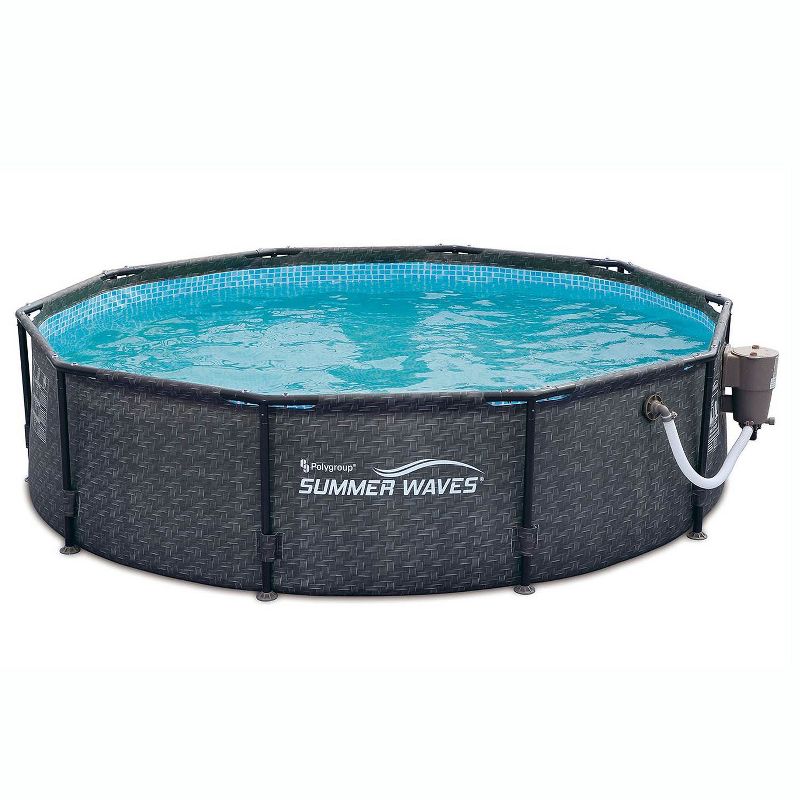 Summer Waves P20010301 Active 10ft x 30in Outdoor Round Frame Above Ground Swimming Pool Set with 120V Filter Pump and Accessories, Gray Wicker, 2 of 7