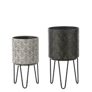 LuxenHome Set of 2 Black and Off White Metal Cachepot Planters with Black Metal Stands Multicolored - 1 of 4