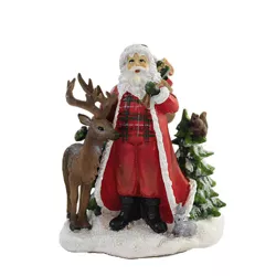 Christmas 4.25" Santa In Plaid With Animals Deer Figurine Forest  -  Decorative Figurines