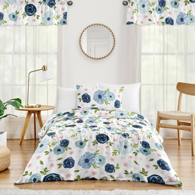 Kids Comforter Navy Blue Blush Pink Coral Flowers Bedding Set