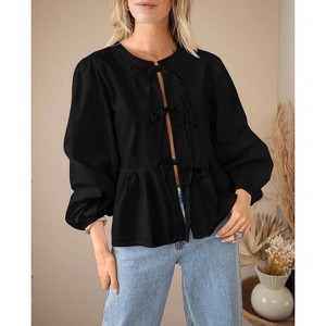 Women's Spring Fall Babydoll Peplum Blouse Shirt Puff Long Sleeve Bow Tie Front Trendy Cute Going Out Tops - 1 of 4