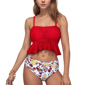 Anna-Kaci Swim Women's Peplum Lace-Up Tankini Top and High Waist Floral Print Bikini Bottom Two-Piece Swimsuit - 1 of 4