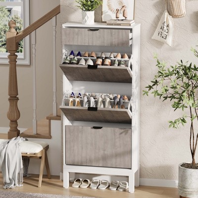 Shoe Storage Cabinet with 3 Flip Drawers & Large Drawer, Farmhouse Fluted Shoe Organizer with Metal Legs