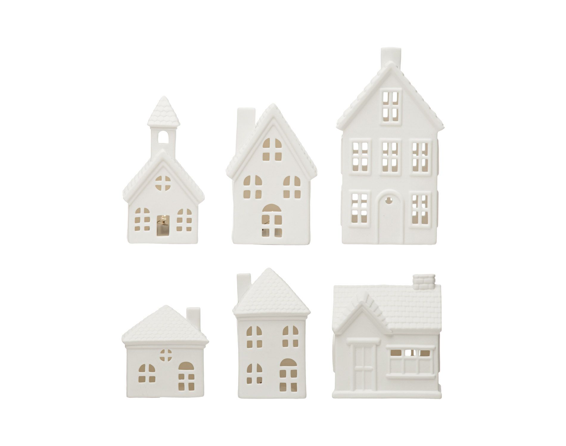 Storied Home Stoneware Bisque Houses with LED Lights, White, Set of 6
