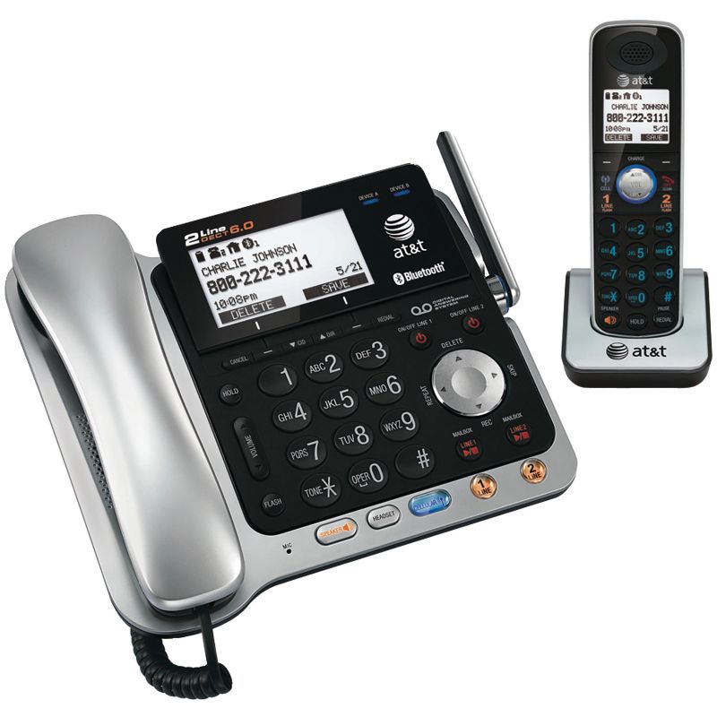 AT&T® DECT 6.0 2-Line 2-Handset Connect to Cell™ Corded Cordless Bluetooth® Phone System with Digital Answering System and Caller ID, Silver and Black, 2 of 9