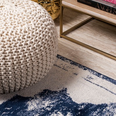 Ivory and Navy Synthetic Medallion Runner Rug
