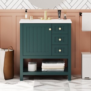 Okak 30" Vintage Style Bathroom Vanity with Sink, Freestanding Bathroom Painted Finish Sink Vanities with Soft Closing Door & Open Shelves - 1 of 4
