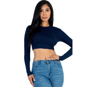 Slickblue Women's Long Sleeve Cropped Top, Crew Neck, Stretch Jersey, Casual Fit, Multiple Color Options, Size S-L - 1 of 4
