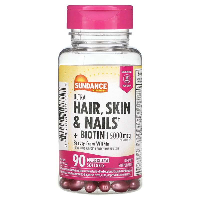 Sundance Vitamins Ultra Hair, Skin & Nails + Biotin, 90 Quick Release Softgels, 1 of 4