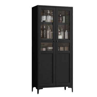 63 Inch Tall Storage Cabinet with Glass Doors, Kitchen Pantry Cabinet 5 Tier Bathroom Cabinet with Doors Adjustable Shelves