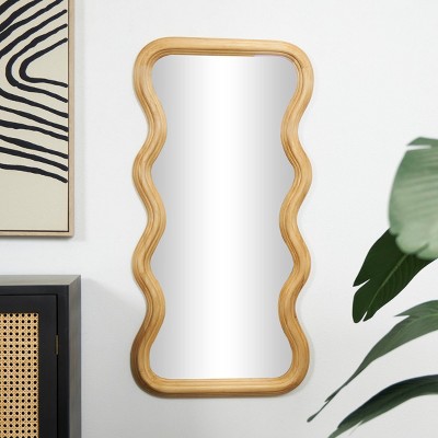 Wavy Poplar Wood Asymmetrical Wall Mirror in Natural Brown