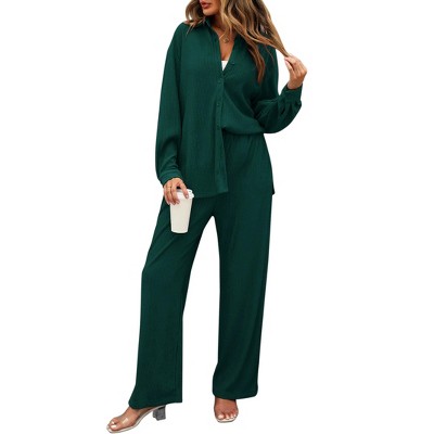 Womens Two Piece Long Sleeve Button Down Shirt Casual Outfits Pleated Wide Leg Pants Streetwear Set