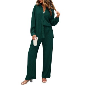 Womens Two Piece Long Sleeve Button Down Shirt Casual Outfits Pleated Wide Leg Pants Streetwear Set - 1 of 4