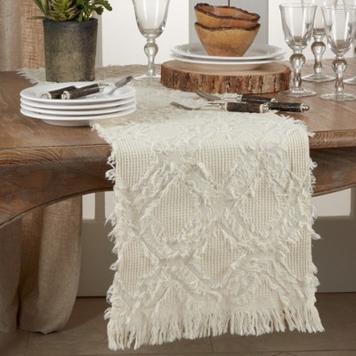 Ivory Cotton Fringe Waffle Weave Table Runner, 16" x 72"