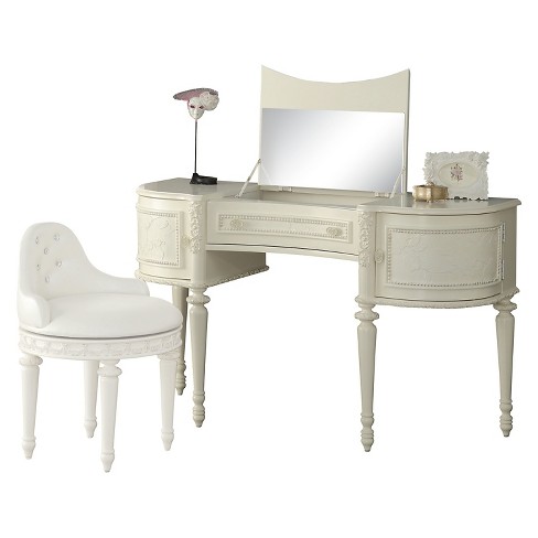 Dorothy Kids Vanity Desk And Mirror Ivory And Peal White Acme