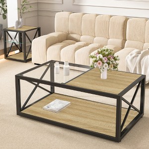 MaseiKar Modern coffee table for Bedroom & Living Room, Tempered Glass&Rustic Wood Grain MDF, Industrial Style coffee table - 1 of 4