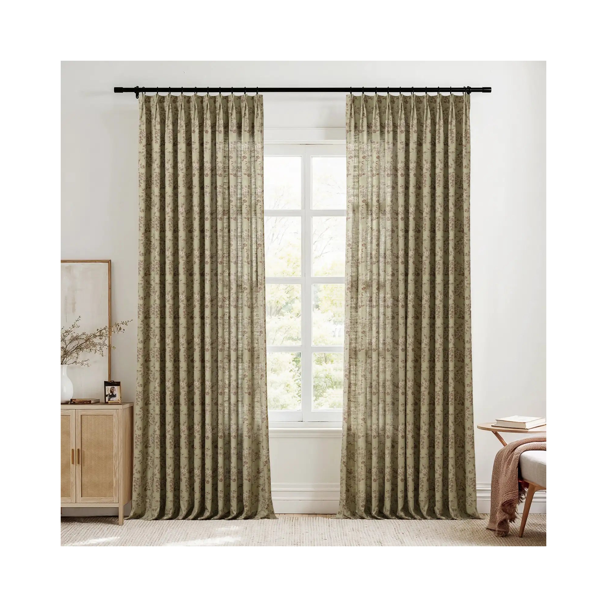 TWOPAGES Linen Floral Print Drape Pinch Pleat Light Filtering Curtain, 52"x96", Scarlett