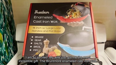 Bruntmor 14 Inch Enameled Cast Iron Wok/Pot. 14 Nonstick Enamel Skillet  Pan With Large Loop Handles & Flat Base. Cookingware For